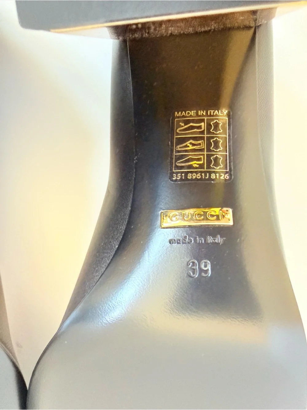 Gucci Malaga Kid Leather baby Horsebit Pumps Black Gold Block Heel EU 39 New